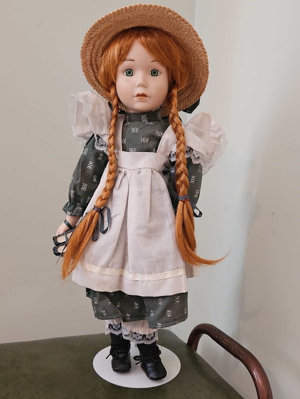 Anne Of Green Gables Porcelain Doll With Hat and Apron Red Hair Green Dress